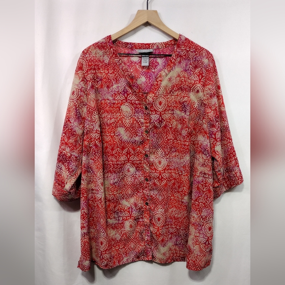 Catherine’s Artsy Button Blouse Women's XL Red Cream Boho Retro 90s Y2K Retro